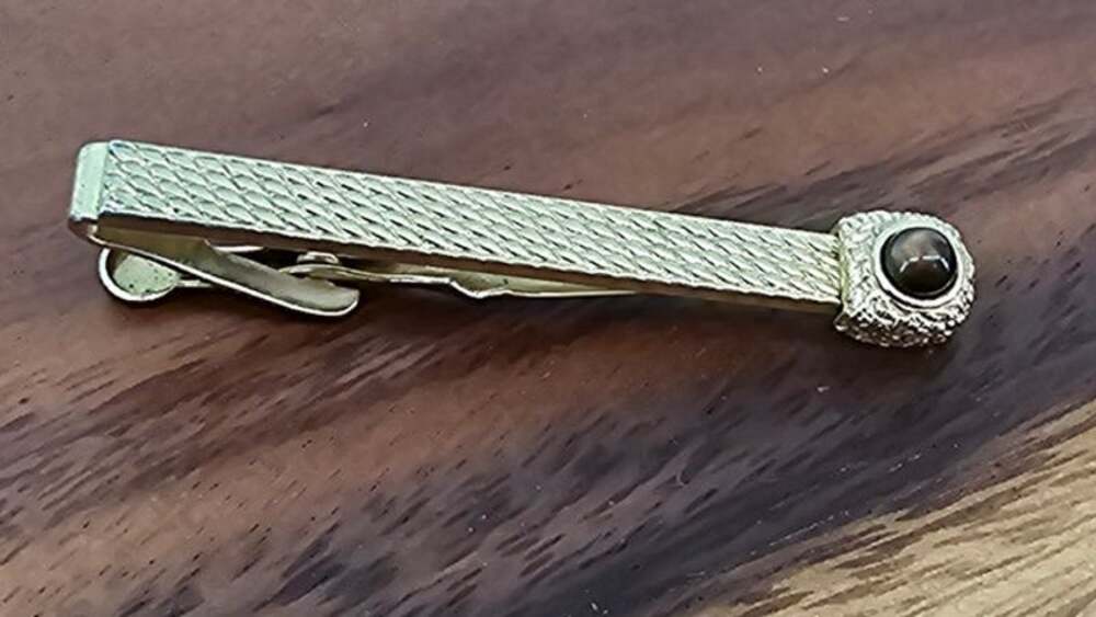 Vintage Swank Tie Clip Bar Gold Tone Textured Brown Cabochon Mid Century Mens